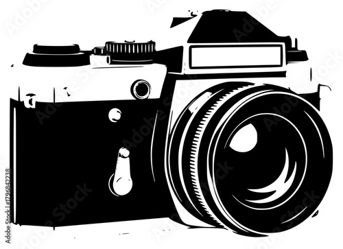 A black and white illustration of a vintage camera, black, camera, film camera, illustration, image, lens, white, against transparent background