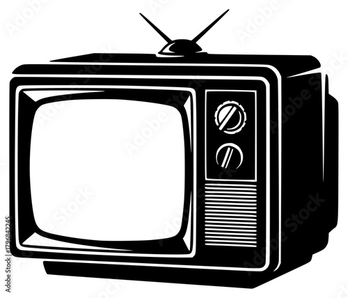 A black and white illustration of an old fashioned television set, antenna, black, home appliance, icon, illustration, profile, retro, television, against transparent background
