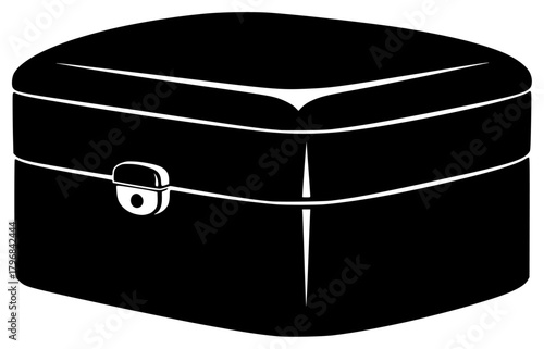 A black and white illustration of a round box with a lock, black, box, briefcase, container, hassock, icon, illustration, lid, lock, stool, against transparent background