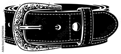 A black leather belt with white stitching and ornate engravings, belt, belt buckle, black, illustration, pocket, waist, white, against transparent background