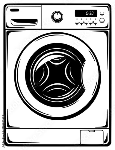 A black and white illustration of a washing machine, appliance, black, home appliance, illustration, laundry, washer, washing machine, white, against transparent background