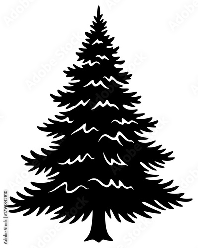 A black and white silhouette of a christmas tree, black, christmas tree, fir tree, illustration, pine, profile, spruce, tree, white, against transparent background