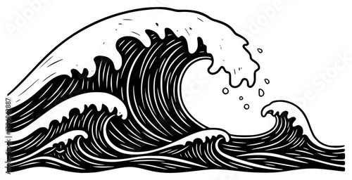 A black and white line drawing of a large wave with splashes and bubbles, black, curl, illustration, sea, wave, white, against transparent background