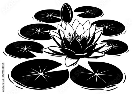 A black and white illustration of a water lily surrounded by lily pads, black, flower, illustration, lotus, pond, profile, water, water lily, white, against transparent background
