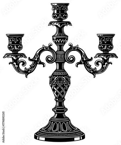 A black and white illustration of a candelabra, black, candle holder, footstall, illustration, pillar, style, against transparent background