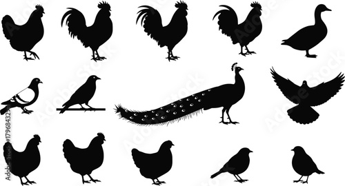 Collection of farm animal silhouettes including sheep dog horse cow pig chicken goat duck and rabbit