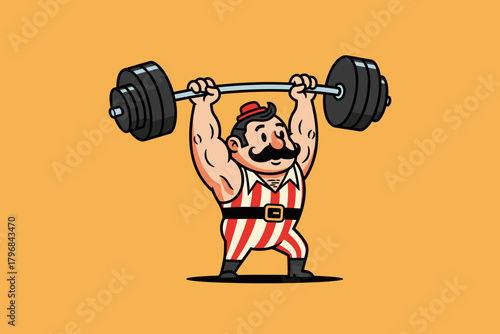 Strongman lifting heavy weights cartoon character.