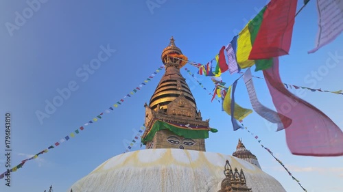 Low Angle Shot of Ancient Swayambhunath Stupa with Prayer Flags