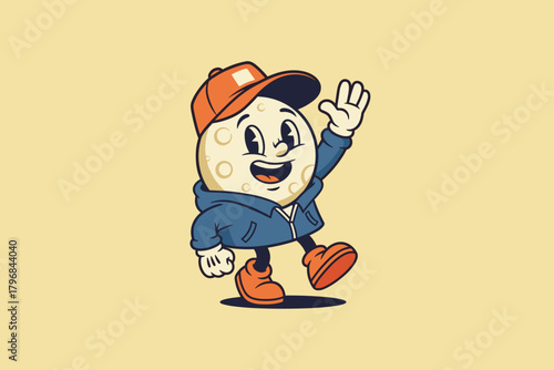 Cute Cartoon Golf Ball Character Waving Hello.