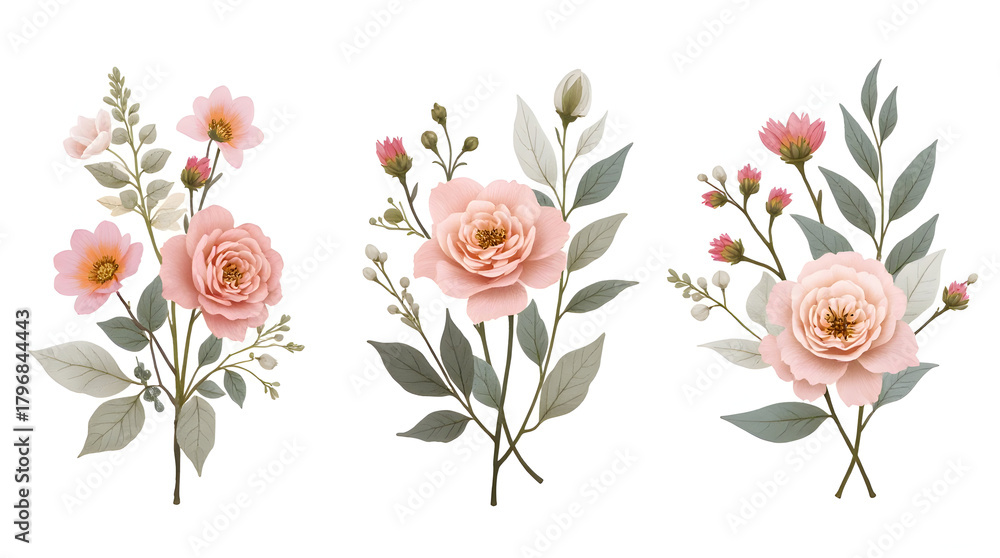 Obraz premium Elegant Pink Floral Bouquets Featuring Peonies and Anemones on White Background