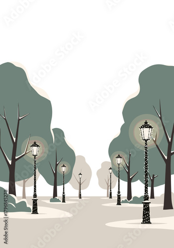 Park path with trees and lanterns in minimalist style  