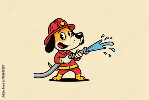 Cute cartoon dog firefighter spraying water from a hose.