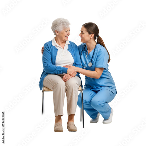 Caregiver Kneeling with Elderly Woman in Chair – Warm, Supportive Moment of Trust and Compassionate Care

