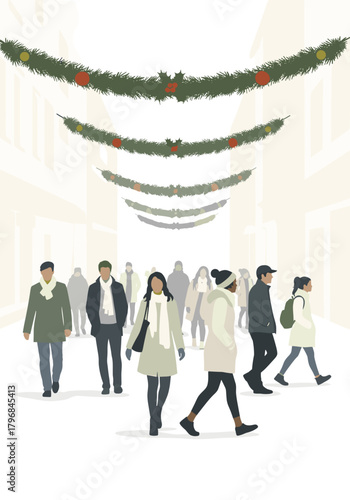 Diverse people walking in winter street decorated for holidays  