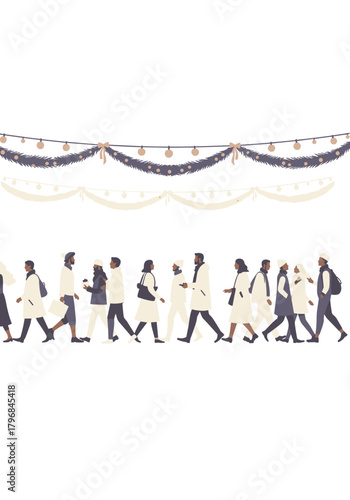 Group of diverse people walking in celebration under festive decorations  