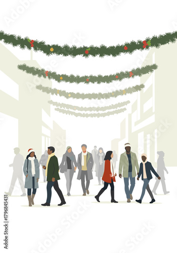 Group of diverse people walking in festive street decorated for Christmas  