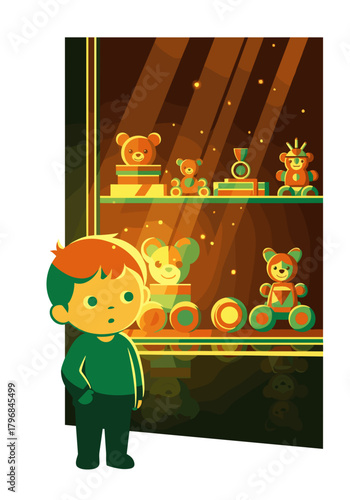 Child admiring toys in display case with colorful decorations  