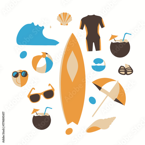 A collection of beach themed illustrations in vibrant colors, including surfboard and swimwear