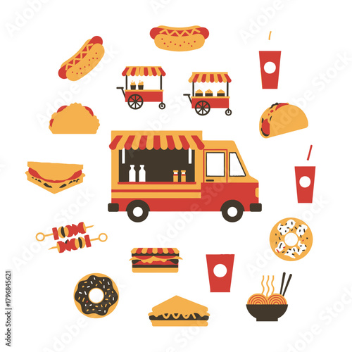 Colorful vector illustration of various fast food items with a food truck and carts