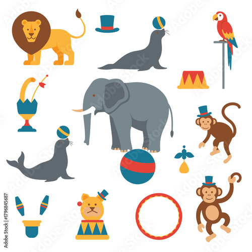 Colorful illustrated circus theme with various animals and props on a white background