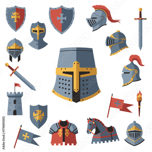 A collection of stylized medieval armor elements with various shields, helmets, and weaponry