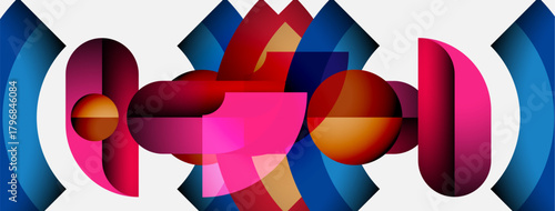 Abstract composition. Overlapping shapes create dynamic visual effect. Bright colors, geometric forms, modern design.