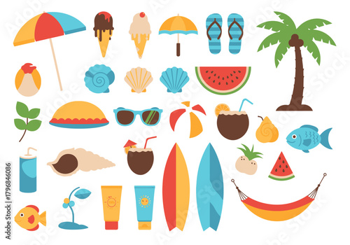 A vibrant, flat-style illustration featuring summer objects like food, accessories, and beach elements