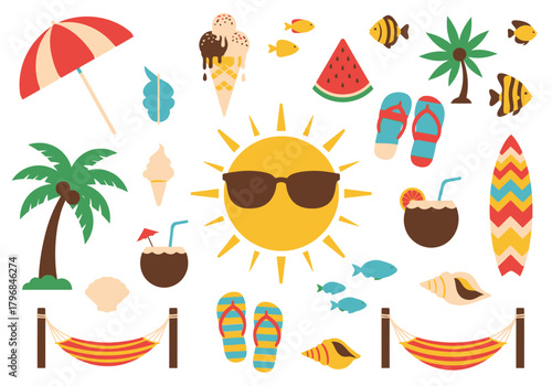 A colorful summer scene, full of icons food, beach items, sun, and other related items