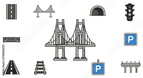 Collection of various infrastructure elements, including bridges, roads, signs, and a tunnel