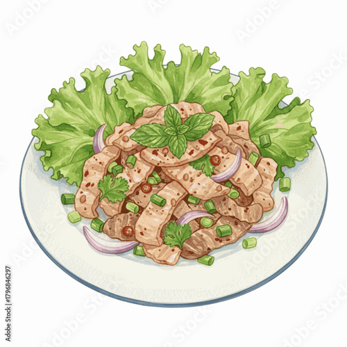 Thai Meat Salad Grilled Pork Salad (Nam Tok Moo) isolated watercolor vector illustration svg