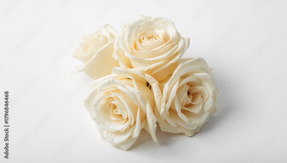 Fototapeta premium Pale yellowish white roses are blooming against a white backdrop, ideal for floral design applications
