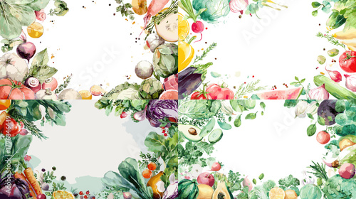 Watercolor vegetable border set featuring leafy greens, root vegetables, tomatoes, herbs, and colorful produce arranged as decorative frames and corner designs.