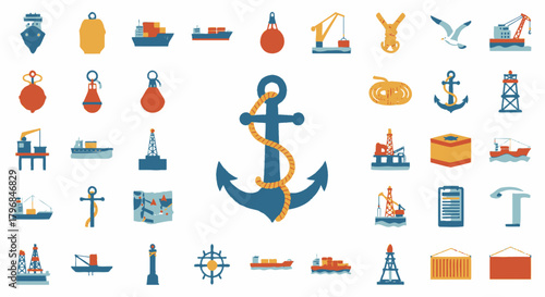 Collection of nautical-themed icons in a flat, illustrative style, featuring boats, anchors, and buoys