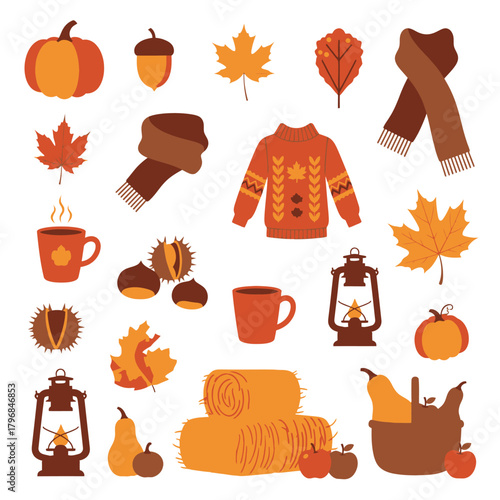 Autumn illustration featuring assorted harvest elements like pumpkins, leaves, and cozy accessories