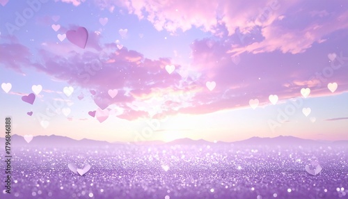 婚活や恋愛、バレンタインの夢：きらめく紫色のハートとサテンのテクスチャ背景素材