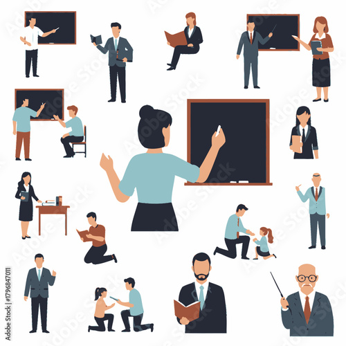 A collection of various educators and learners interacting. Some are teaching, some are learning