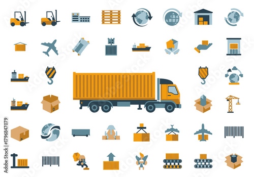 Collection of flat design illustrations depicting various cargo, shipping, and logistics related icons
