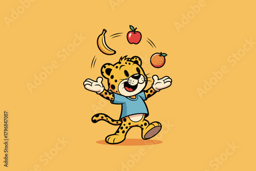Cute cartoon cheetah juggling fruits with a happy expression.