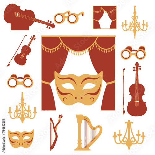 Illustration of theatre-related objects masks, instruments, chandeliers, binoculars, and curtains in two colors