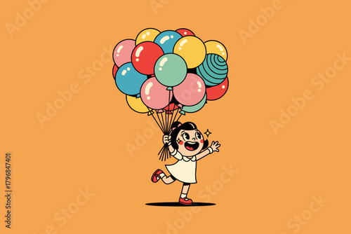 Happy Girl Holding Bunch of Colorful Balloons.