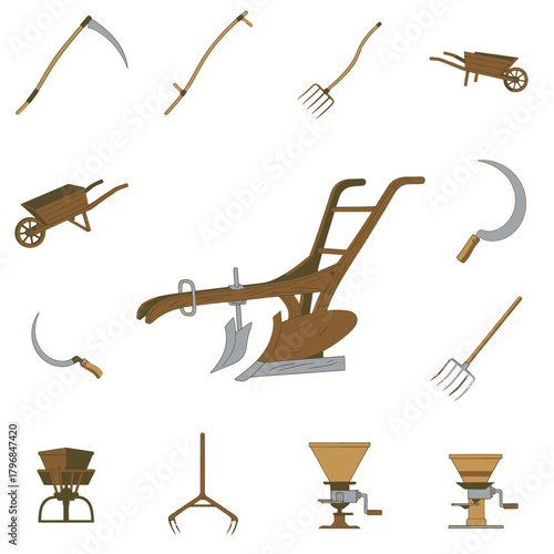 Assorted vector illustrations of antique farming tools, including plows, sickles, and other implements