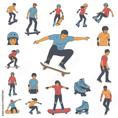 Assortment of illustrations featuring people skateboarding and roller skating. Vector-style graphics