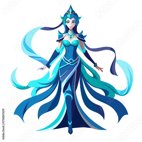 Girl in blue dress silhouette vector sketch of a fashion model princess bride character drawing