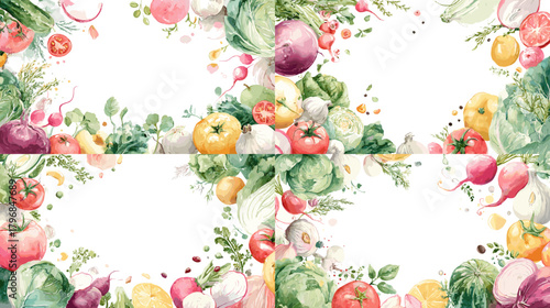 Watercolor vegetable frame collection featuring lettuce, tomatoes, radishes, onions, peppers, and herbs arranged around soft blank spaces for labels and invitations.