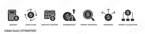 Master Your Finances  Icons set vector illustration glyph with Budget, Cash flow, Monthly budget, Overbudget, Money tracking, Expenses, Money allocation