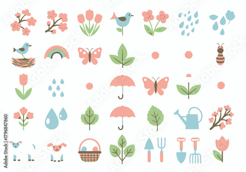 Cute collection of spring-themed icons flowers, birds, butterflies, rain, lambs, and garden tools