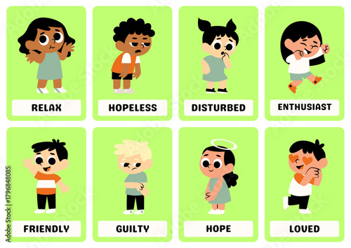 A collection of illustrated cards depicting various emotional states in children, each labeled with a corresponding feeling.