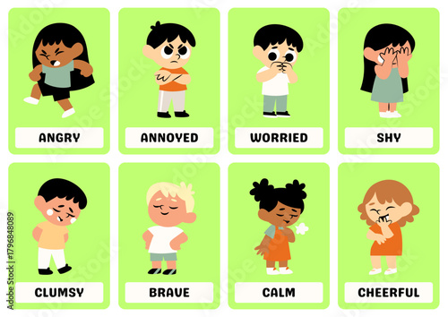 Illustrations of children showing different emotions, including anger, worry, and bravery.