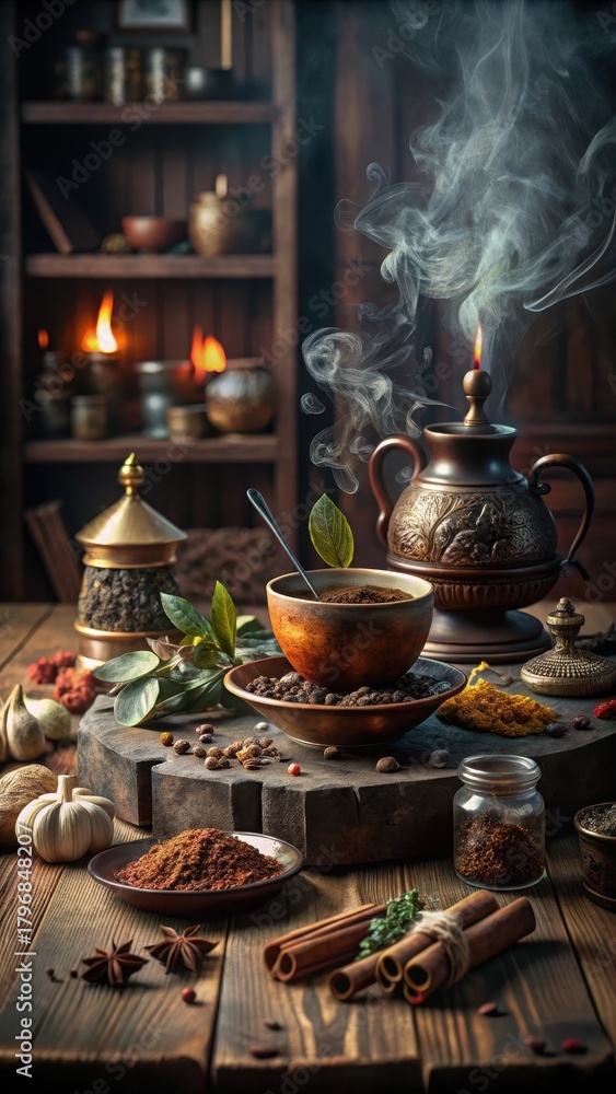 Fototapeta premium Aromatic spices and steaming hot tea blend together in perfect harmony on a rustic wooden table