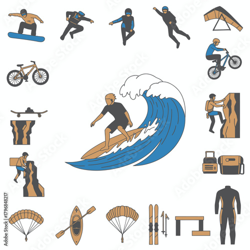 Collection of stylized illustrations depicting individuals engaged in various outdoor recreational activities